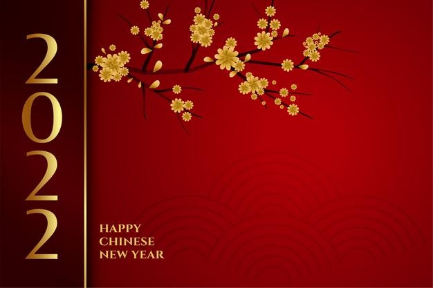 2022 chinese new year red card with sakura tree flowers