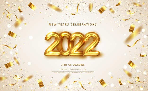 2022 happy new year greeting background with gold bow. vector christmas illustration.