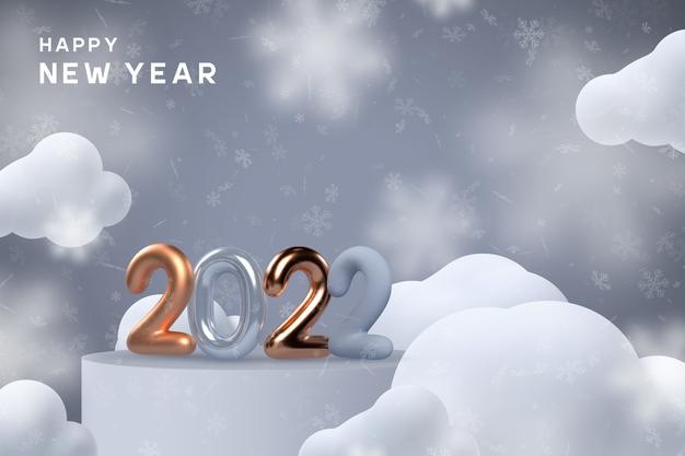 2022 new year sign. 3d metallic golden or copper with blue numbers standing on the podium in clouds and snowflakes. vector illustration.