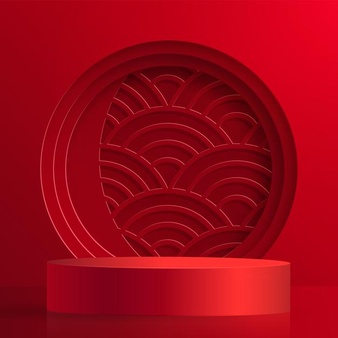 3d podium round stage chinese style, for chinese new year and festivals or mid autumn festival with red paper cut art and craft on color background with asian elements