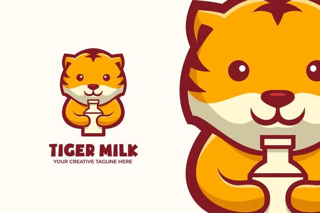 Baby tiger drink milk mascot character logo template