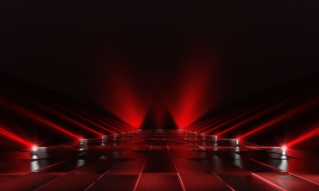 Background of empty red dark podium with lights and tile floor. 3d rendering
