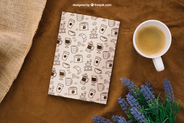 Book cover composition with coffee cup and flowers