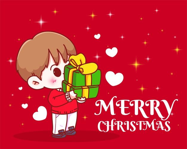 Boy holding a stack of christmas presents on christmas holiday celebration hand drawn cartoon art illustration