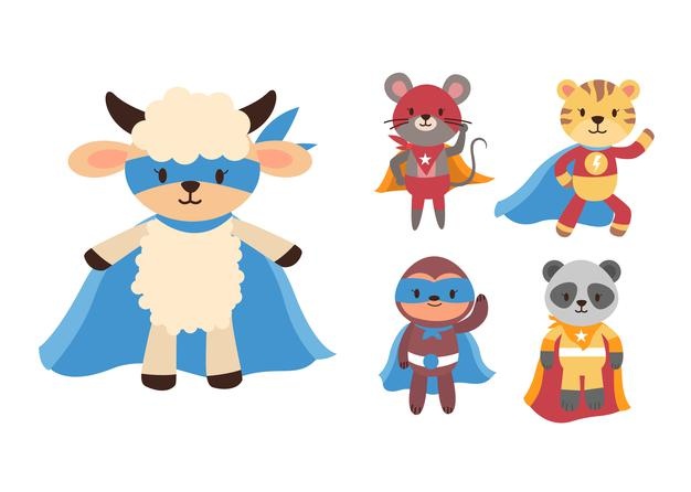 Bundle of cute animal cartoon with super hero mascot characters collection