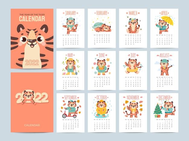 Calendar 2022 with cute tigers. covers and 12 month pages with animal characters season activities. chinese new year symbol vector planner. chinese tiger character to 2022 calendar year illustration