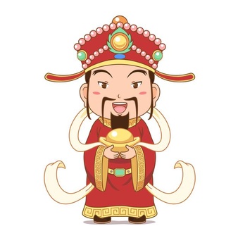 Cartoon character of god of wealth holding gold ingot for chinese new year celebration.
