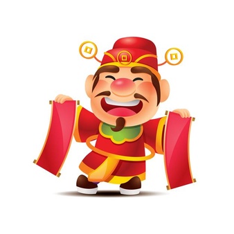 Cartoon cute god of wealth with moustache holding empty chinese couplet scrolls
