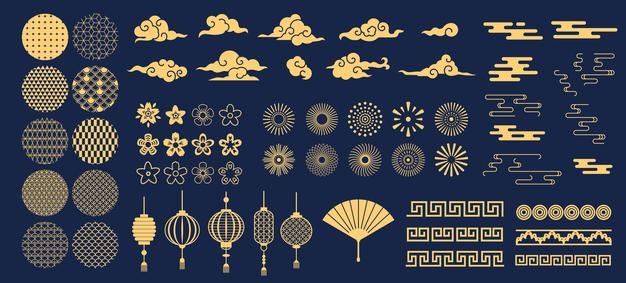 Chinese elements. asian new year gold decorative patterns and lanterns, flowers, clouds and ornaments traditional oriental style vector set. asian chinese oriental elements to holiday illustration