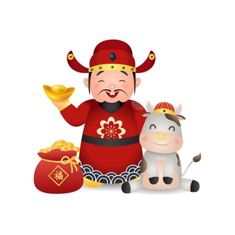 Chinese god of wealth with cute cow. year of the ox . gold coin as symbol of prosperity. chinese text means blessing.