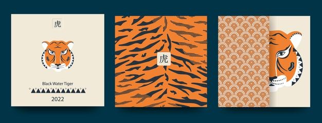 Chinese new year 2022. set for greeting card, poster, website banner with beautiful majestic noble tiger. the hieroglyphs mean happy new year and the symbol of the year of the tiger. vector