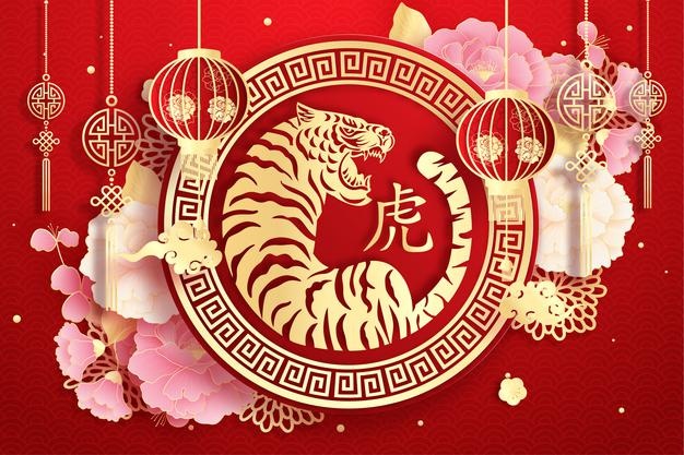 Chinese new year 2022. the year of the tiger. celebrations card with tiger. chinese translation happy new year.