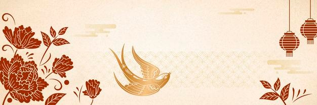 Chinese new year banner design with golden swallow and peony