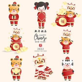 Chinese new year collections, the year of the tiger. celebrations  with cute tiger and money bag. chinese translation happy new year.  illustration.