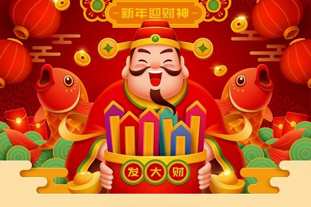 Chinese new year illustration with god of wealth holding bamboo fortune poem