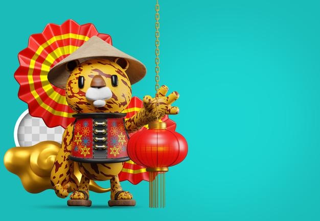 Chinese new year of the tiger background with decorations. 3d illustration