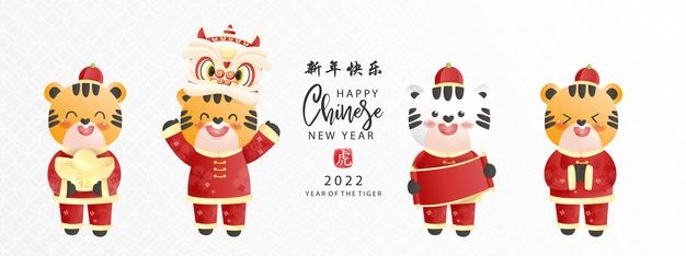 Chinese new year. the year of the tiger. celebrations  with cute tiger and money bag. chinese translation happy new year.  illustration.