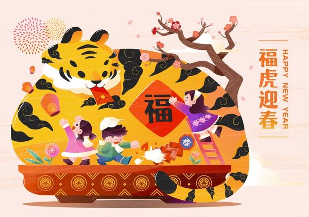 Chinese new year zodiac illustration. cute children playing around a huge tiger on bonsai pot