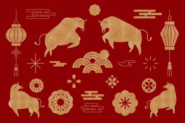 Chinese ox year golden vector design elements set