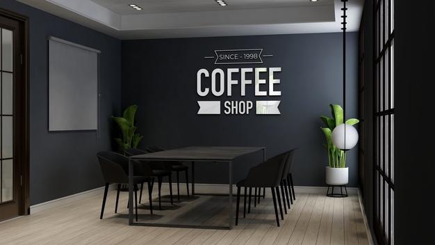 Coffee shop wall logo mockup in the cafe or restaurant meeting room
