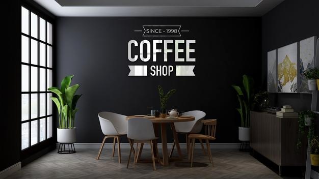 Coffee shop wall logo mockup in the minimalist wooden table in cafe or restaurant