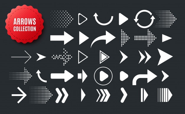Collection of different shape arrows. set of arrows icons isolated on black