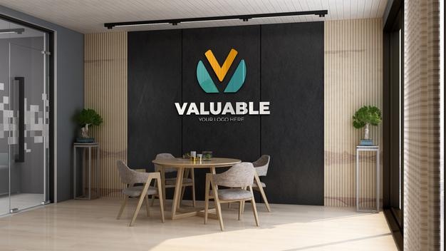 Company logo mockup in the wooden rounded or circle table office business meeting room