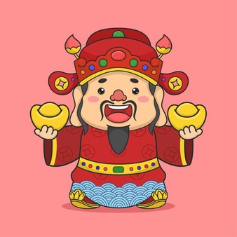 Cute chinese fortune god holding two money