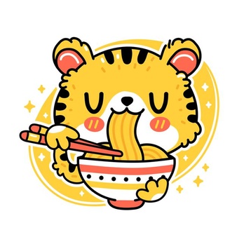 Cute funny tiger eat noodles from bowl. vector hand drawn cartoon kawaii character illustration icon. isolated on white background. asian food, japanese,korean noodle mascot cartoon character concept