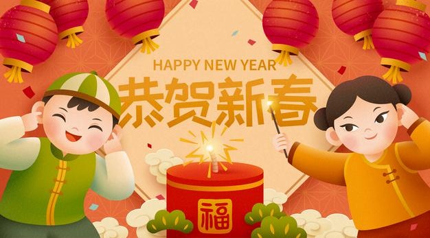 Cute kid lit giant firecrackers on lanterns and doufang background