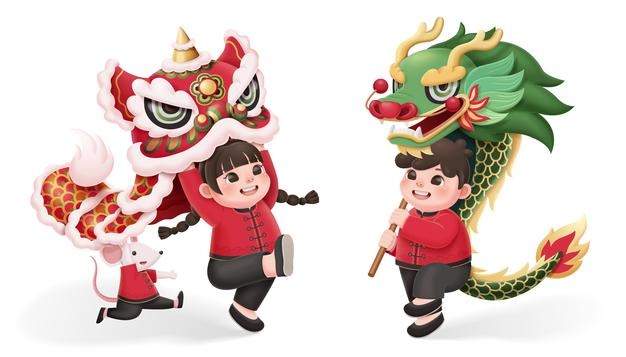 Cute kids performing lion and dragon dance on white background