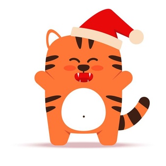 Cute little orange tiger cat in a flat style. the symbol of the chinese new year 2022. animal with a christmas cap. the joyful tiger is standing. for banner, nursery decor. vector illustration.