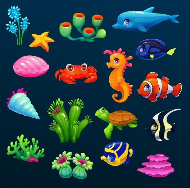 Cute sea life set with different fishes shells dolphin crab