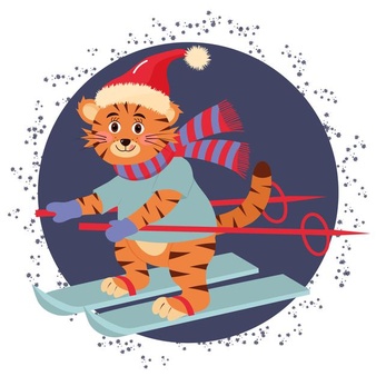 Cute tiger in hat and scarf is skiing. new year character. cartoon vector illustration.