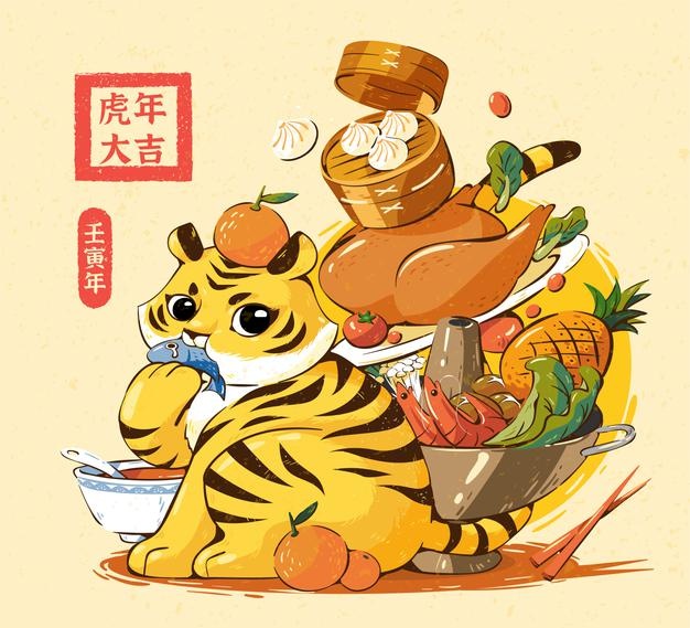 Cute tiger having big cny meal