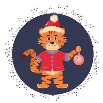 Cute tiger in santa hat and a shirt is holding christmas ball. christmas or new year vector card.