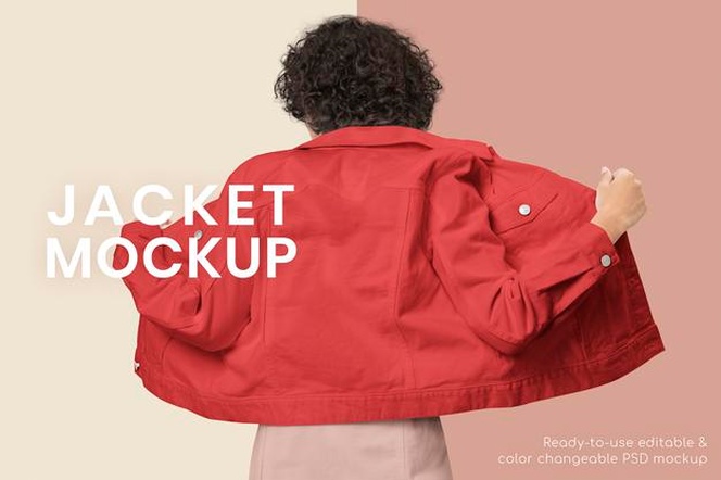 Editable denim jacket mockup psd template in red women&rsquo;s fashion ad