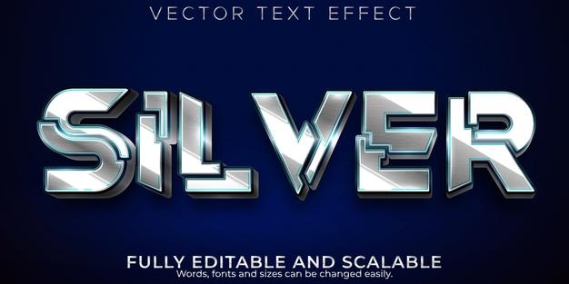 Editable text effect silver, 3d metallic and shiny font style