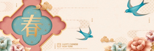 Elegant peony and swallow new year banner design, spring and fortune written in chinese characters