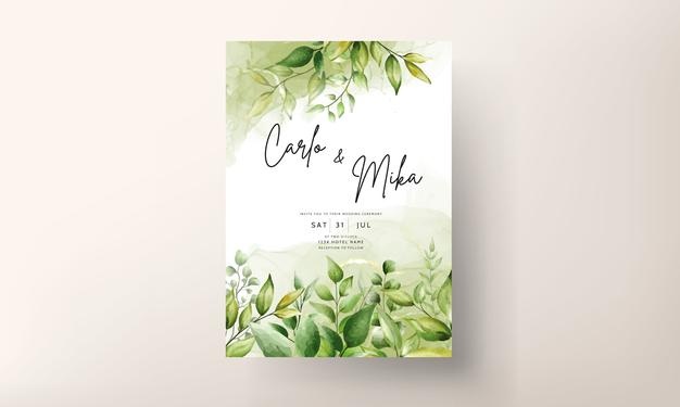 Elegant wedding invitation card with beautiful watercolor leaves