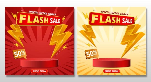 Flash sale banner with podium template design and bolt icon