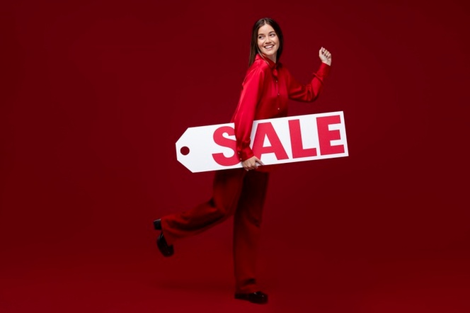 Full shot woman holding sale sign