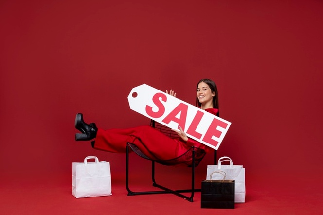 Full shot woman holding sale tag