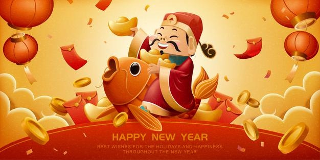 God of wealth rides on lucky carp and holds red packet for chinese new year