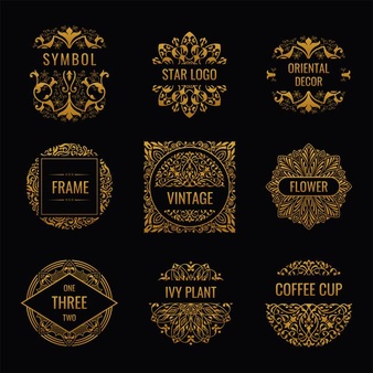 Golden eastern logos and vintage floral labels calligraphic luxury design