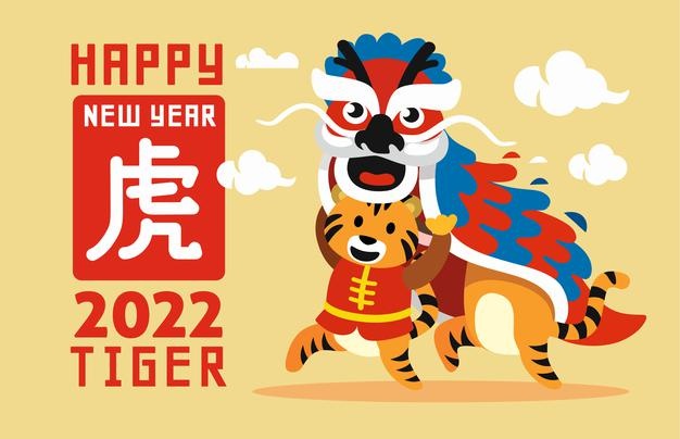 Happy chinese new year 2022 and cute little tiger performs dragon dance. cartoon