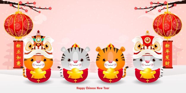 Happy chinese new year 2022 greeting card group little tiger holding chinese gold