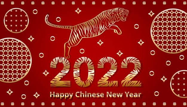 Happy chinese new year 2022 greeting card. tiger jumping symbol of the year. hand drawn angry predator sketch illustration. happy 2022 celebration banner template. vector