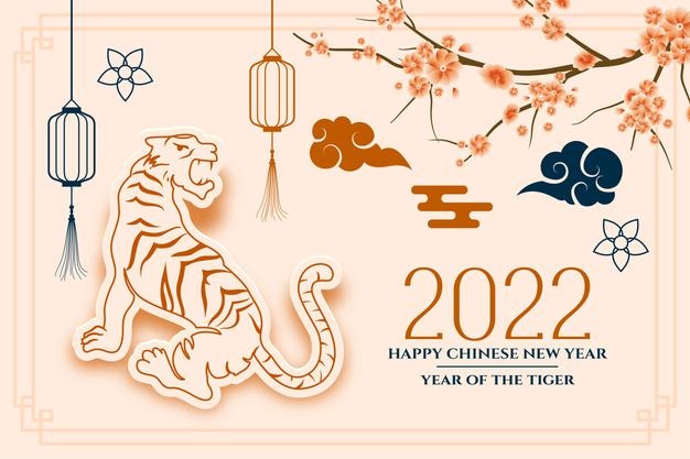 Happy chinese new year 2022 traditional greeting with chinese tree and tiger