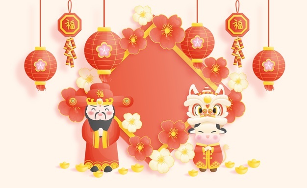 Happy chinese new year background, template with god of wealth and ox